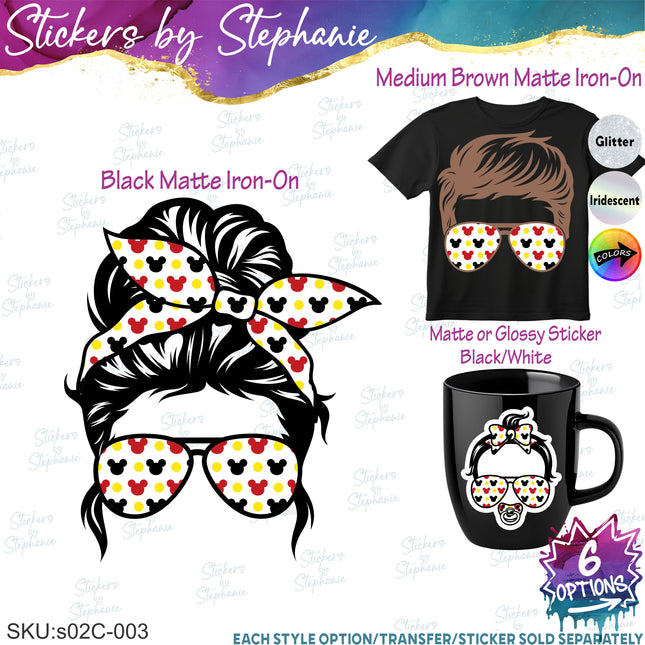 (s02C-003) Messy Bun Disney Print Sunglasses Graphic Iron-On Transfer or Sticker