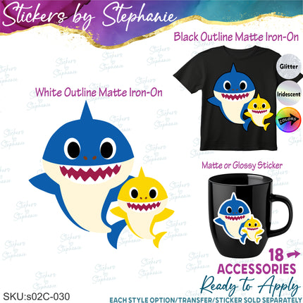 (s02C-030) Baby Shark Family 2 Sharks Graphic Iron-On Transfer or Sticker
