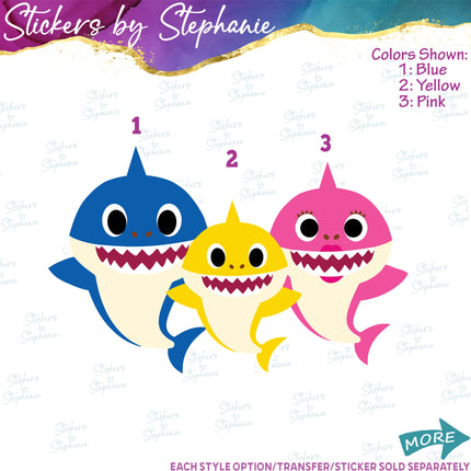 (s02C-031) Baby Shark Family 3 Sharks Graphic Iron-On Transfer or Sticker