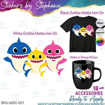 (s02C-031) Baby Shark Family 3 Sharks Graphic Iron-On Transfer or Sticker