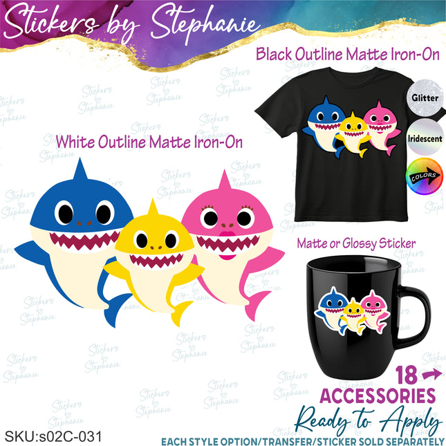 (s02C-031) Baby Shark Family 3 Sharks Graphic Iron-On Transfer or Sticker