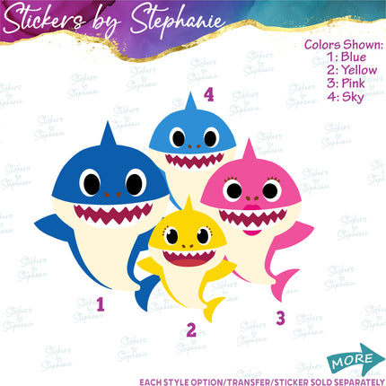 (s02C-032) Baby Shark Family 4 Sharks Graphic Iron-On Transfer or Sticker