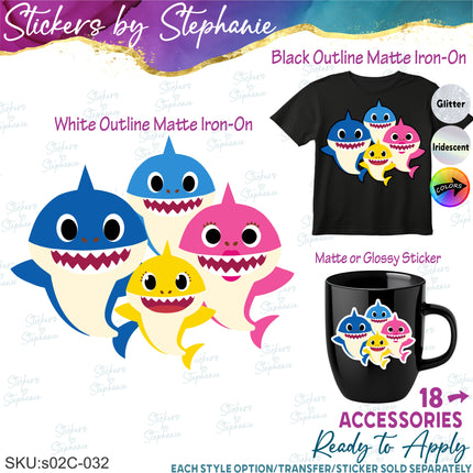 (s02C-032) Baby Shark Family 4 Sharks Graphic Iron-On Transfer or Sticker