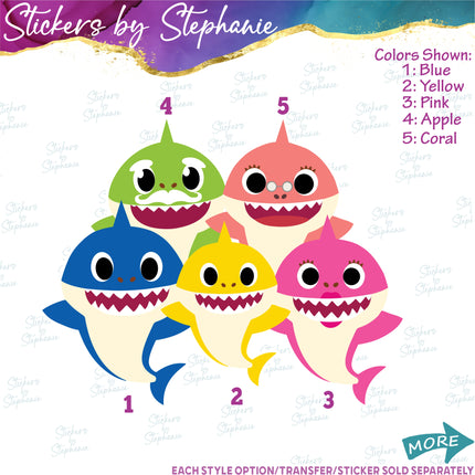 (s02C-033) Baby Shark Family 5 Sharks Graphic Iron-On Transfer or Sticker