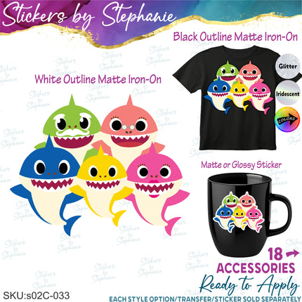 (s02C-033) Baby Shark Family 5 Sharks Graphic Iron-On Transfer or Sticker