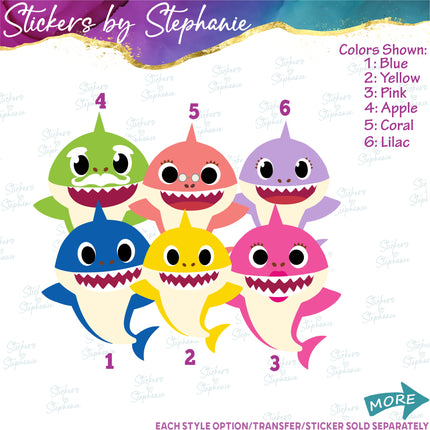 (s02C-034) Baby Shark Family 6 Sharks Graphic Iron-On Transfer or Sticker