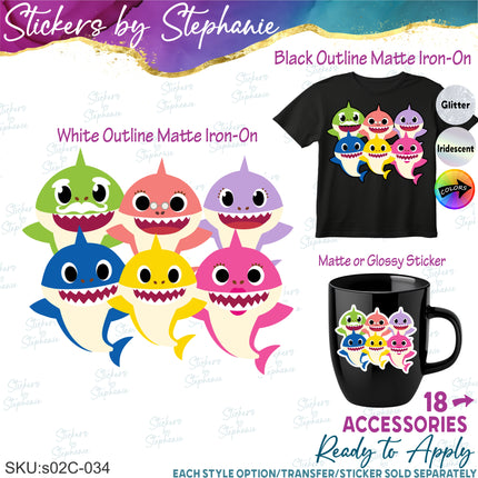 (s02C-034) Baby Shark Family 6 Sharks Graphic Iron-On Transfer or Sticker