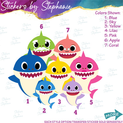 (s02C-035) Baby Shark Family 7 Sharks Graphic Iron-On Transfer or Sticker