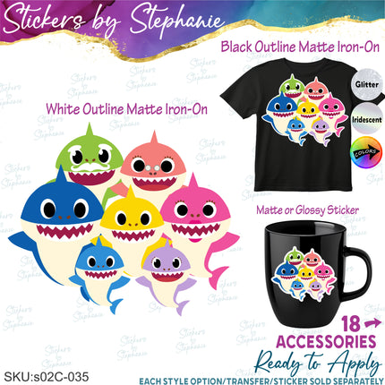 (s02C-035) Baby Shark Family 7 Sharks Graphic Iron-On Transfer or Sticker