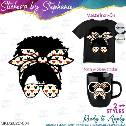 (s02C-004) Messy Bun African American Disney Print Sunglasses Graphic Iron-On Transfer or Sticker