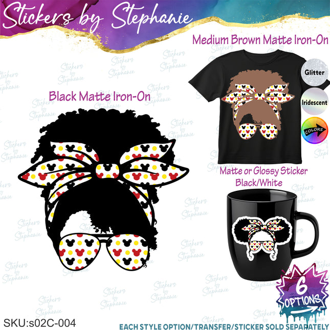 (s02C-004) Messy Bun African American Disney Print Sunglasses Graphic Iron-On Transfer or Sticker