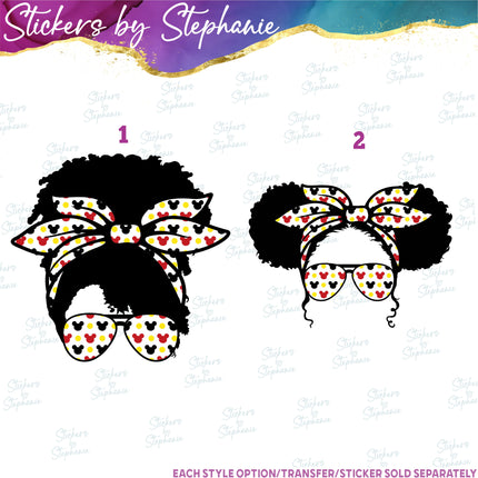 (s02C-004) Messy Bun African American Disney Print Sunglasses Graphic Iron-On Transfer or Sticker