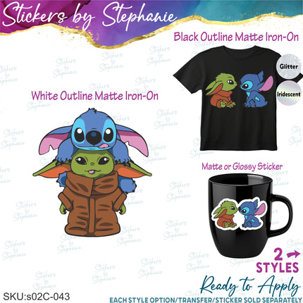 (s02C-043) Stitch & Grogu Graphic Iron-On Transfer or Sticker