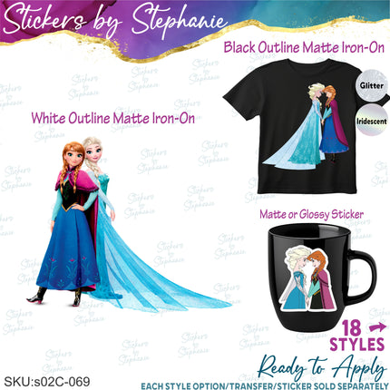 (s02C-069) Elsa and Anna Frozen Graphic Iron-On Transfer or Sticker