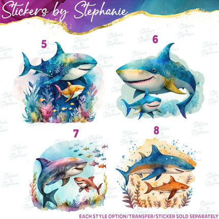 (s02A-315) Mama Baby Shark Watercolor Graphic Iron-On Transfer or Sticker