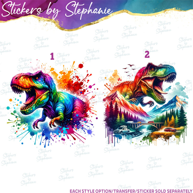 (s02A-380) Colorful T-Rex Dinosaur Graphic Iron-On Transfer or Sticker