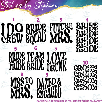(s03-115) Retro Wedding Bridal Party Iron-On Transfer or Sticker