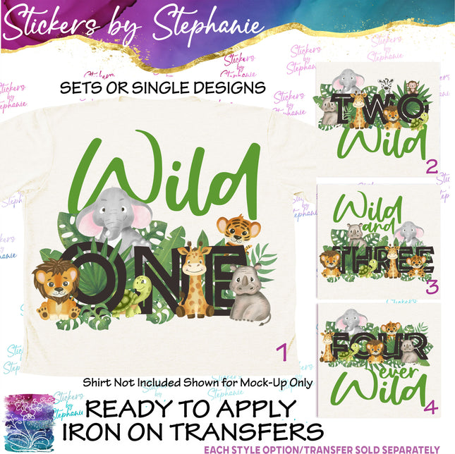 (s04-188) Wild One, Two, Three, Four Safari Animals Iron-On Transfer