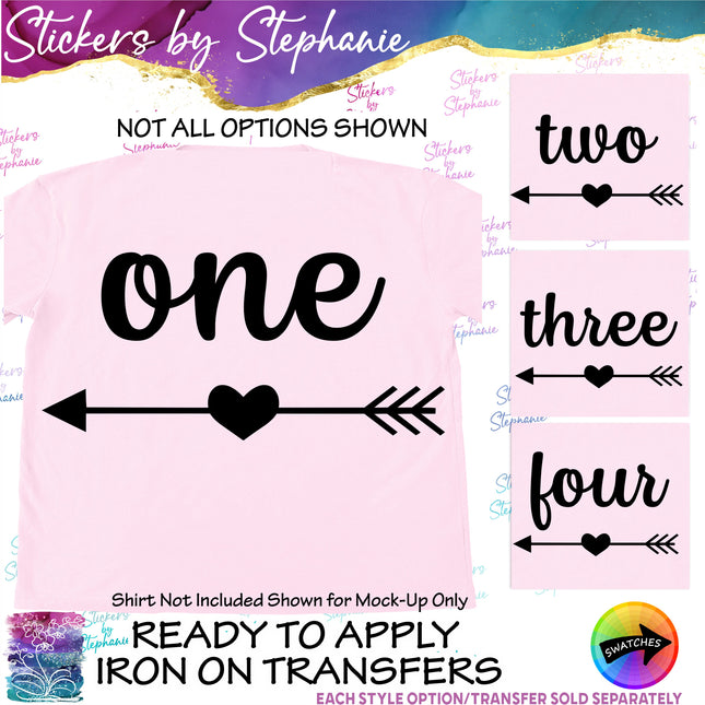 (s03-508) Heart Arrow Number Age One Two Iron-On Transfer