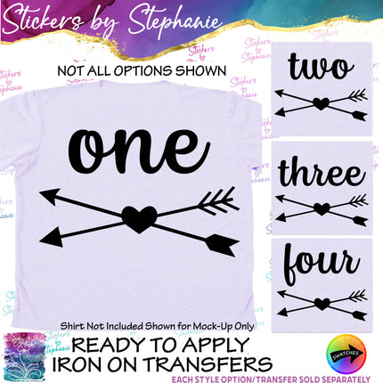 (s03-509) Double Heart Arrow Number Age One Two Iron-On Transfer