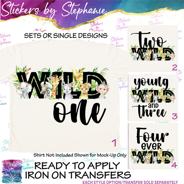 (s04-215) Wild One, Two, Three, Four Safari Animals Iron-On Transfer
