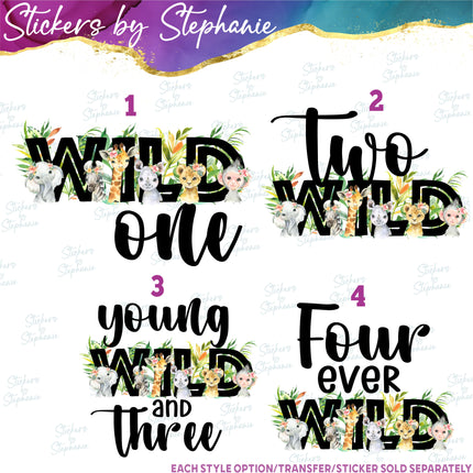 (s04-215) Wild One, Two, Three, Four Safari Animals Iron-On Transfer