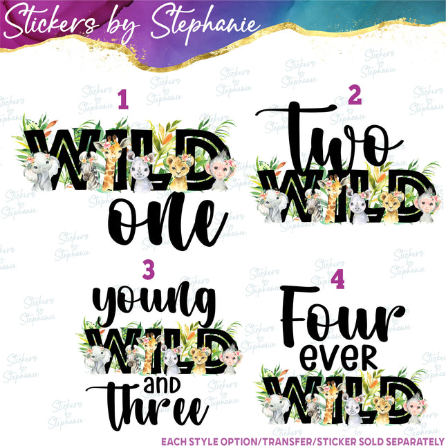 (s04-215) Wild One, Two, Three, Four Safari Animals Iron-On Transfer