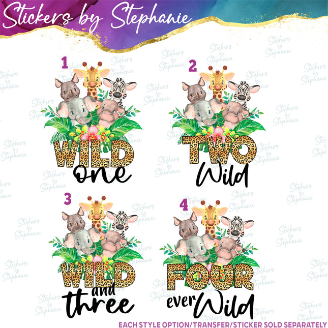(s04-216) Wild One, Two, Three, Four Safari Animals Iron-On Transfer