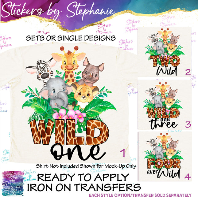 (s04-217) Wild One, Two, Three, Four Safari Animals Iron-On Transfer