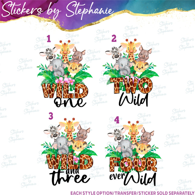 (s04-217) Wild One, Two, Three, Four Safari Animals Iron-On Transfer