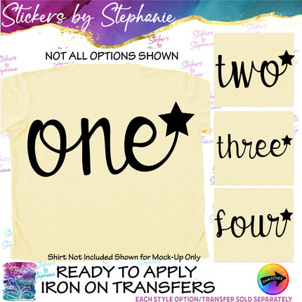 (s03-518) Script Number Age Star One Two Iron-On Transfer