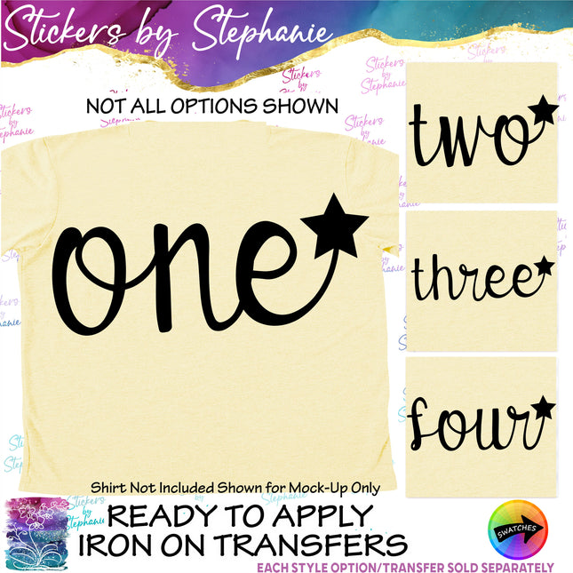(s03-518) Script Number Age Star One Two Iron-On Transfer
