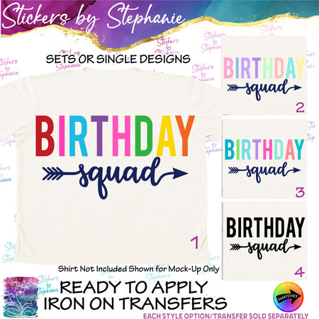 (s03-527) Birthday Squad Rainbow Letters Iron-On Transfer