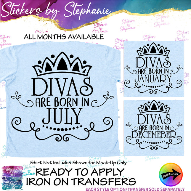 (s03-533) Divas are Born in Birth Month Iron-On Transfer or Sticker