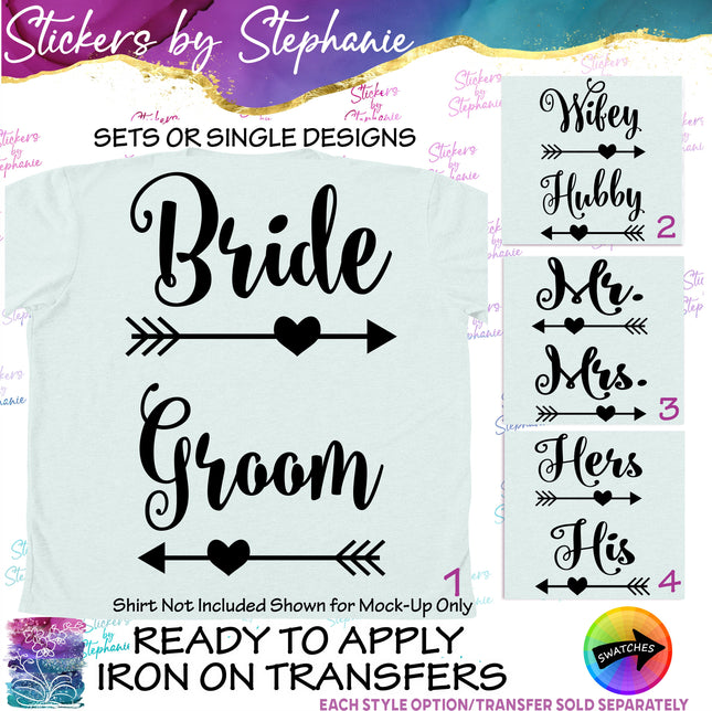 (s03-415) Bride Groom Hubby Wifey His Hers Iron-On Transfer or Sticker
