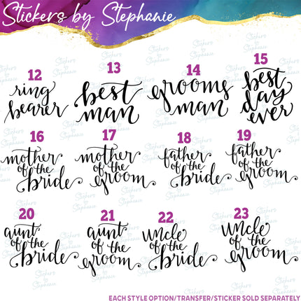 (s03-427) Bride Groom Hand lettered Bridal Wedding Party Iron-On Transfer or Sticker