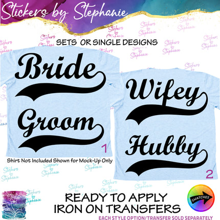 (s03-436) Bride Groom Husband Wifey Baseball Style Iron-On Transfer or Sticker