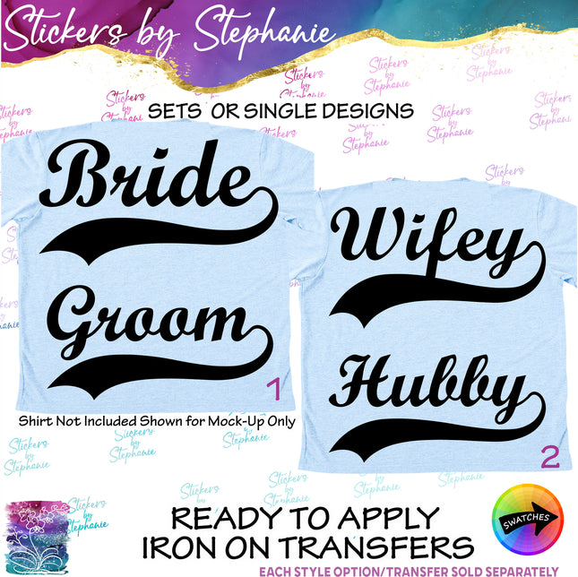 (s03-436) Bride Groom Husband Wifey Baseball Style Iron-On Transfer or Sticker