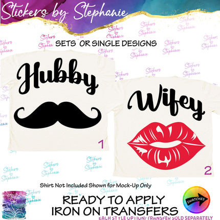 (s03-443) Hubby Mustache Wifey Kiss Lips Iron-On Transfer or Sticker