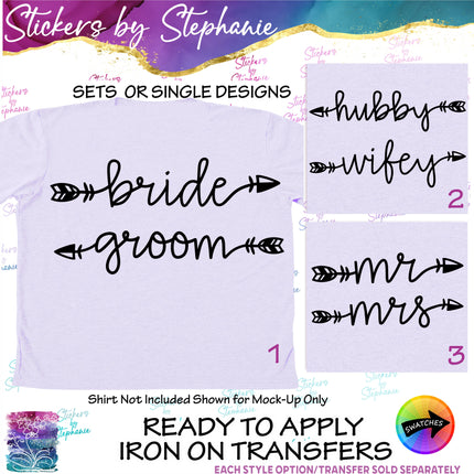 (s03-465) Bride Groom Hubby Wifey Arrow Iron-On Transfer