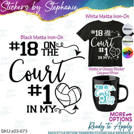 (s03-673) Number on the Court #1 in My Heart Volleyball Iron-On Transfer or Sticker