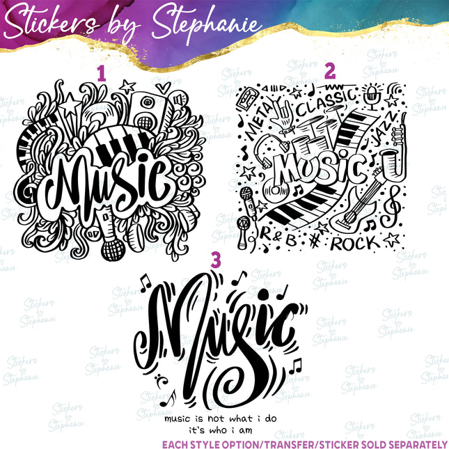 (s03-718) Music Hand drawn Doodle Art Iron-On Transfer or Sticker