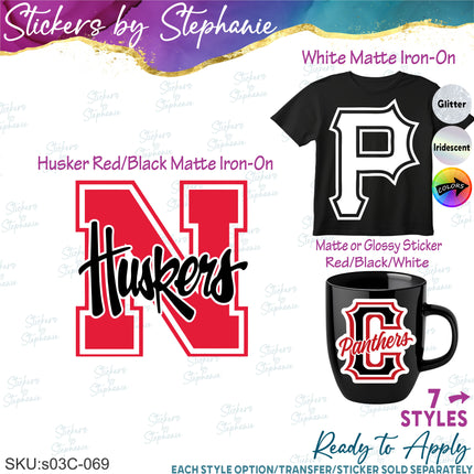 (s03C-069) Nebraska Huskers C Panthers P Pirates Iron-On Transfer or Sticker