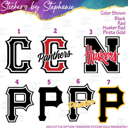 (s03C-069) Nebraska Huskers C Panthers P Pirates Iron-On Transfer or Sticker