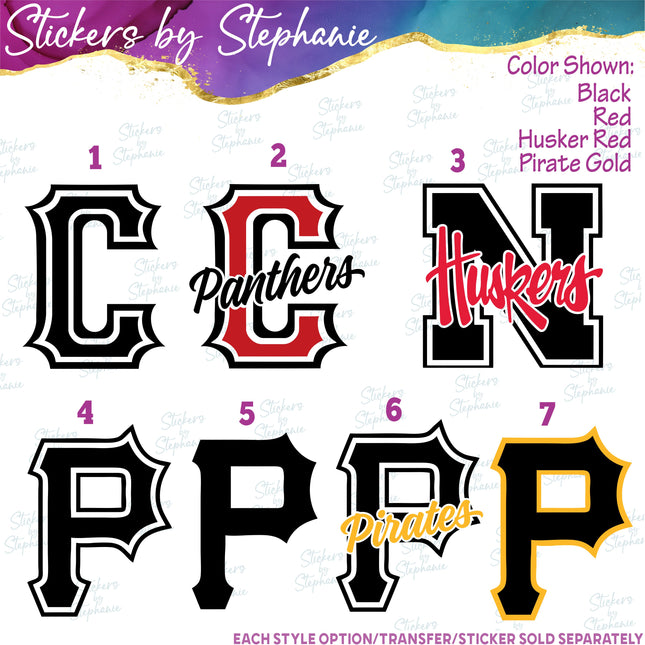 (s03C-069) Nebraska Huskers C Panthers P Pirates Iron-On Transfer or Sticker