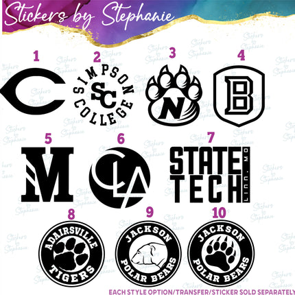 (s03C-075) Other Colleges Teams Iron-On Transfer or Sticker