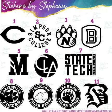 (s03C-075) Other Colleges Teams Iron-On Transfer or Sticker