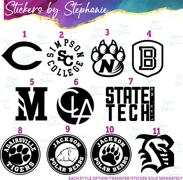 (s03C-075) Other Colleges Teams Iron-On Transfer or Sticker
