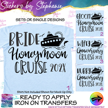 (s03Y-064) Bride Groom Wifey Hubby Honeymoon Anniversary Cruise Iron-On Transfer or Sticker