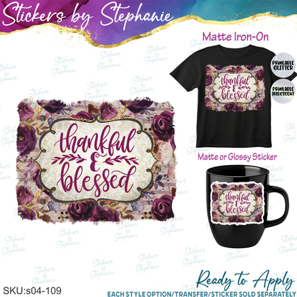 (s04-109) Thankful Blessed Burgundy Floral Iron-On Transfer or Sticker